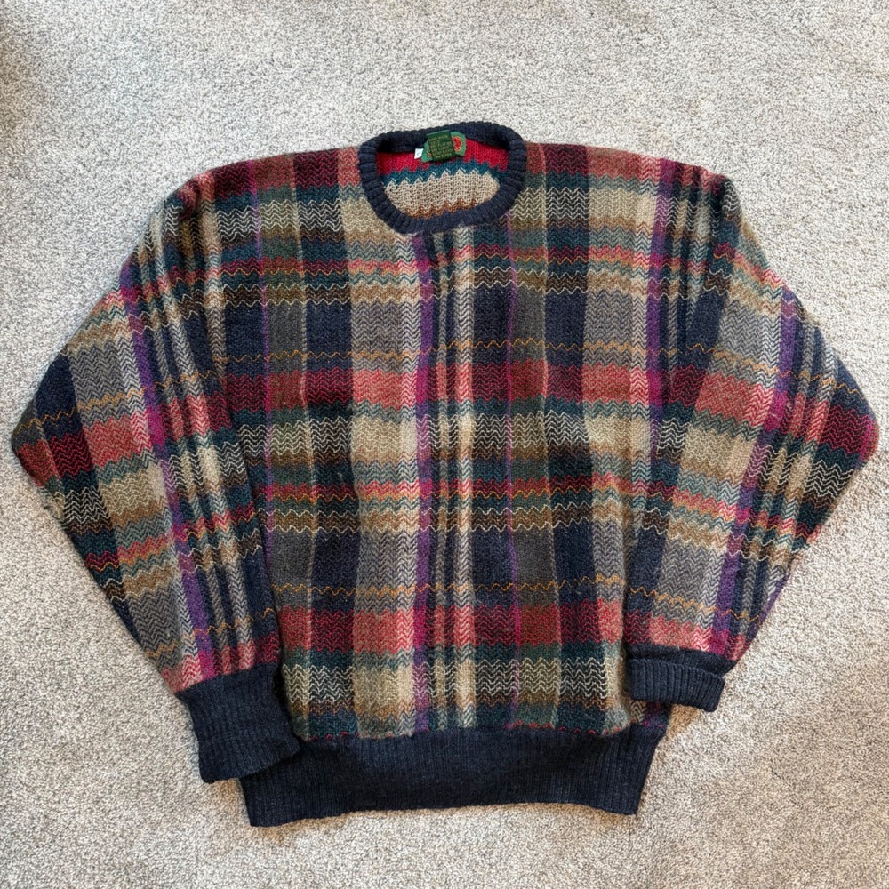 Vintage Boston Traders Mens Wool Plaid Zigzag Crewneck Sweater Multicolor Large